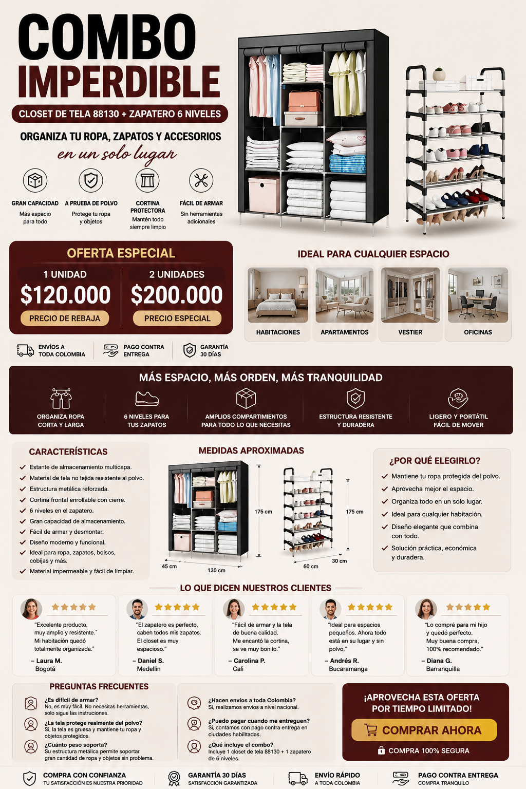 Closet Organizador de Tela Multifuncional + Zapatero 6 Niveles | Gran Capacidad